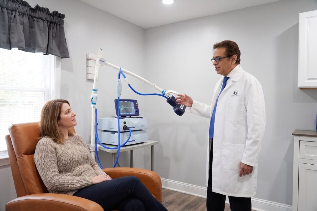 Patient receiving TMS therapy with Dr. Abbas at Jersey Shore Psychiatric Services